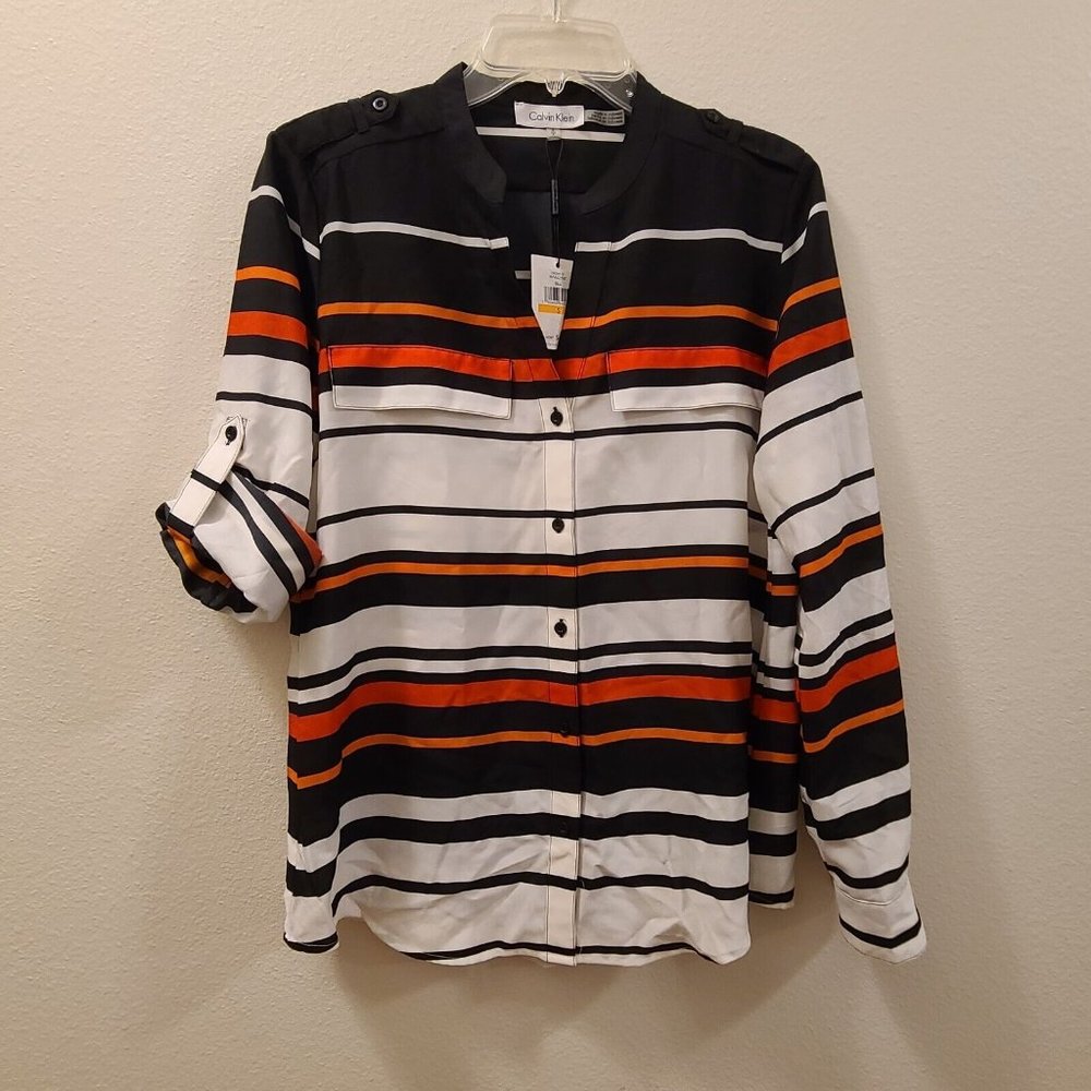 Calvin Klein Blouse Top Black White Pink Orange Stripe Women Size Small Roll-Tab - Picture 2 of 8